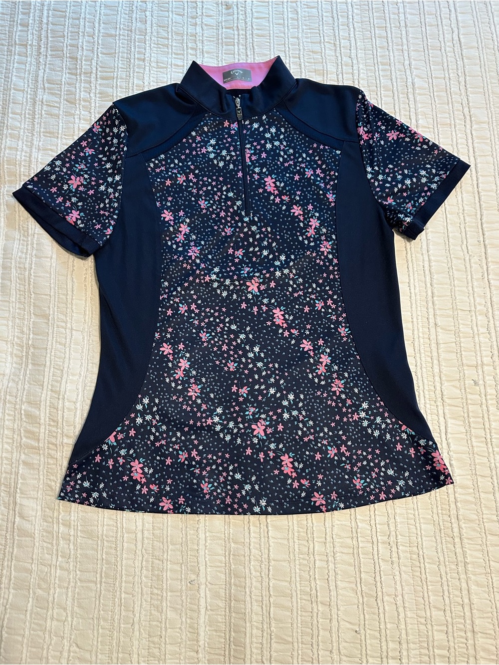 Callaway Navy Floral Short Sleeve Quarter Zip Golf Top L (Fits like Medium)